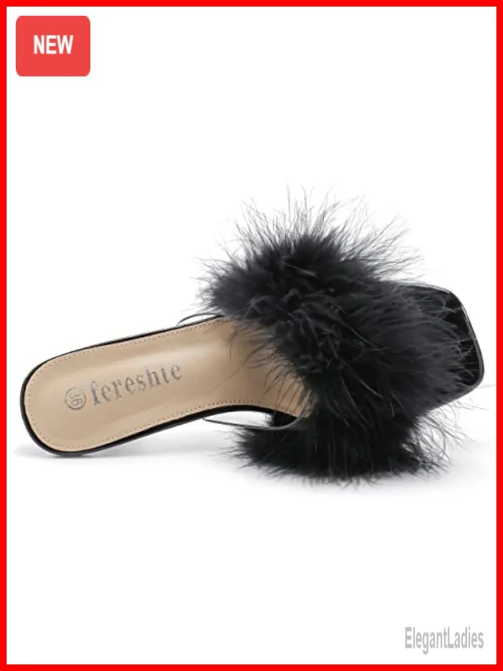 Women's Feather Mule Sandals Kitten Heel Square Open Toe Slip On Fur Clear Strap